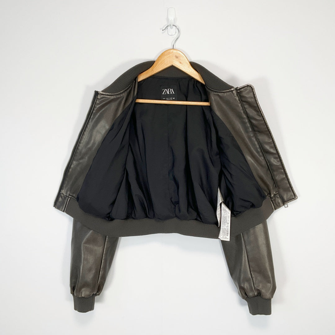 ZARA - Faux Leather Bomber Jacket - Dark Brown - Size S