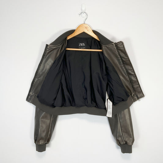 ZARA - Faux Leather Bomber Jacket - Dark Brown - Size S