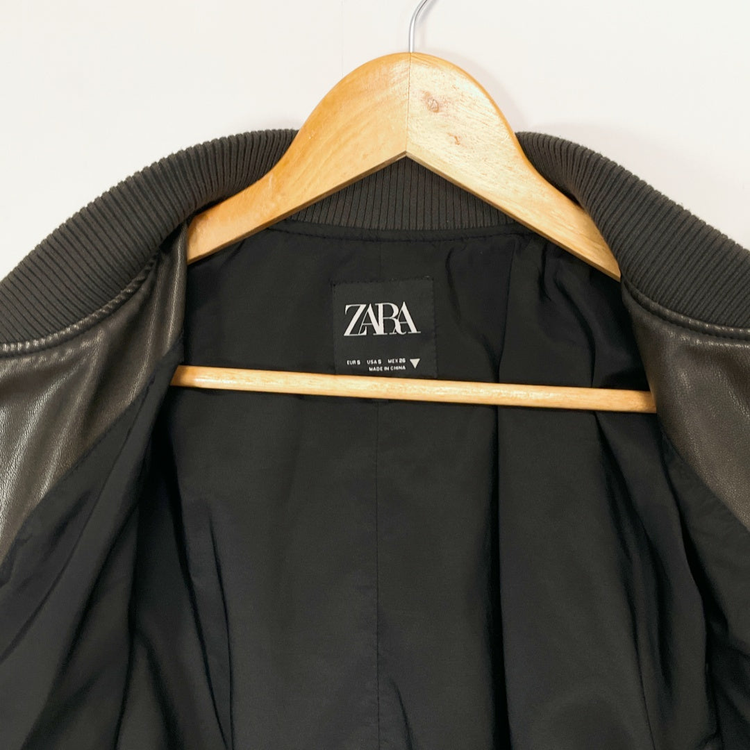 ZARA - Faux Leather Bomber Jacket - Dark Brown - Size S