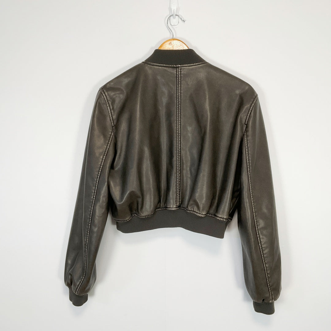 ZARA - Faux Leather Bomber Jacket - Dark Brown - Size S