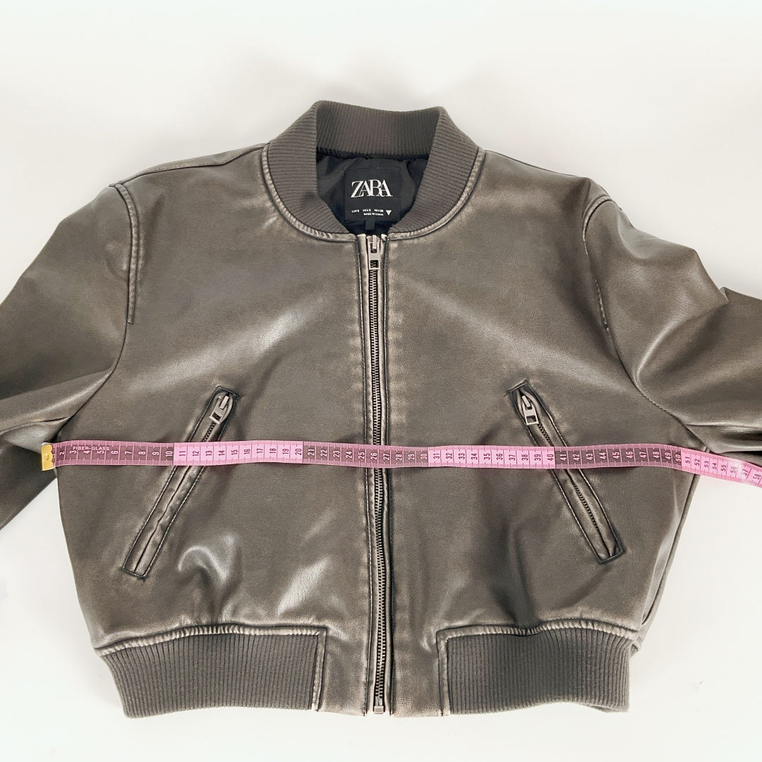 ZARA - Faux Leather Bomber Jacket - Dark Brown - Size S