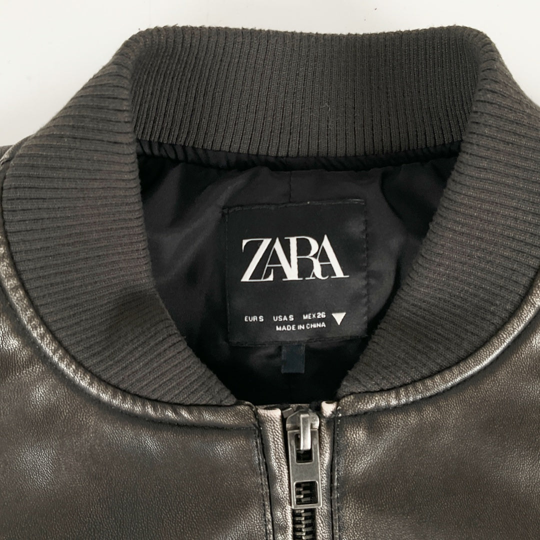 ZARA - Faux Leather Bomber Jacket - Dark Brown - Size S