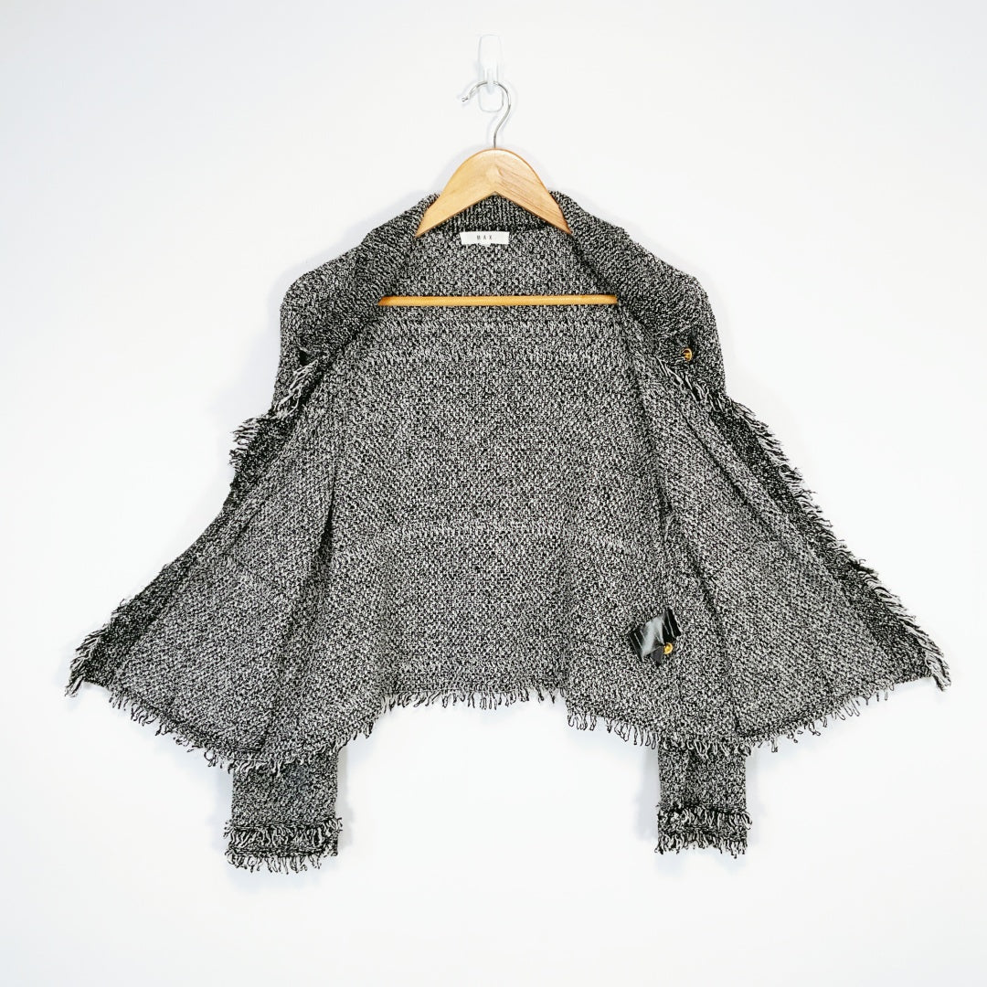 MAX - Black & White Tweed Fringe Button-Up Jacket