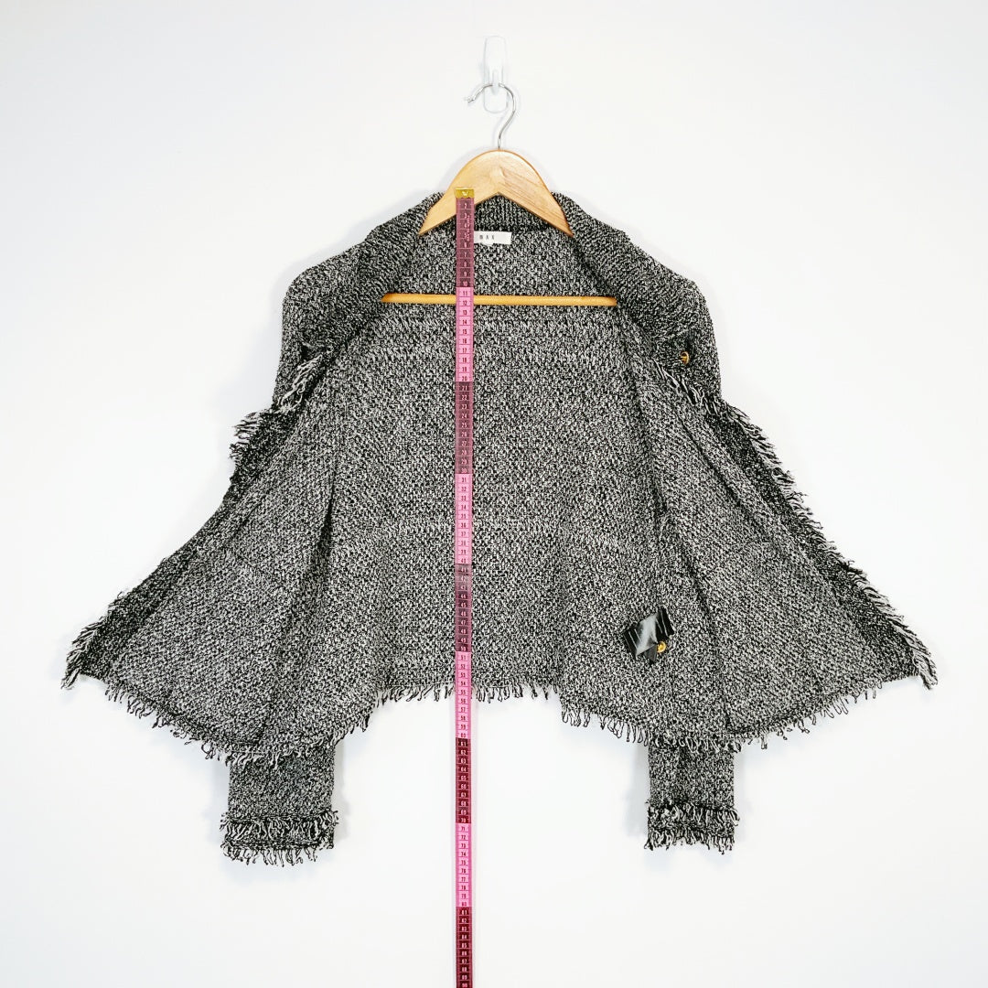 MAX - Black & White Tweed Fringe Button-Up Jacket