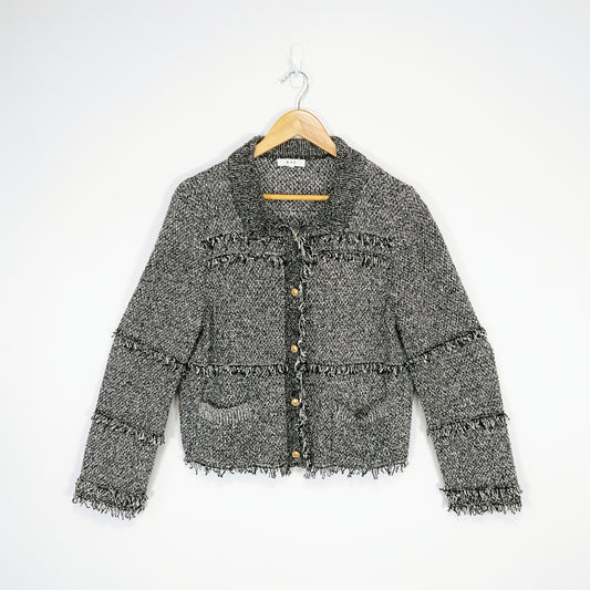 MAX - Black & White Tweed Fringe Button-Up Jacket