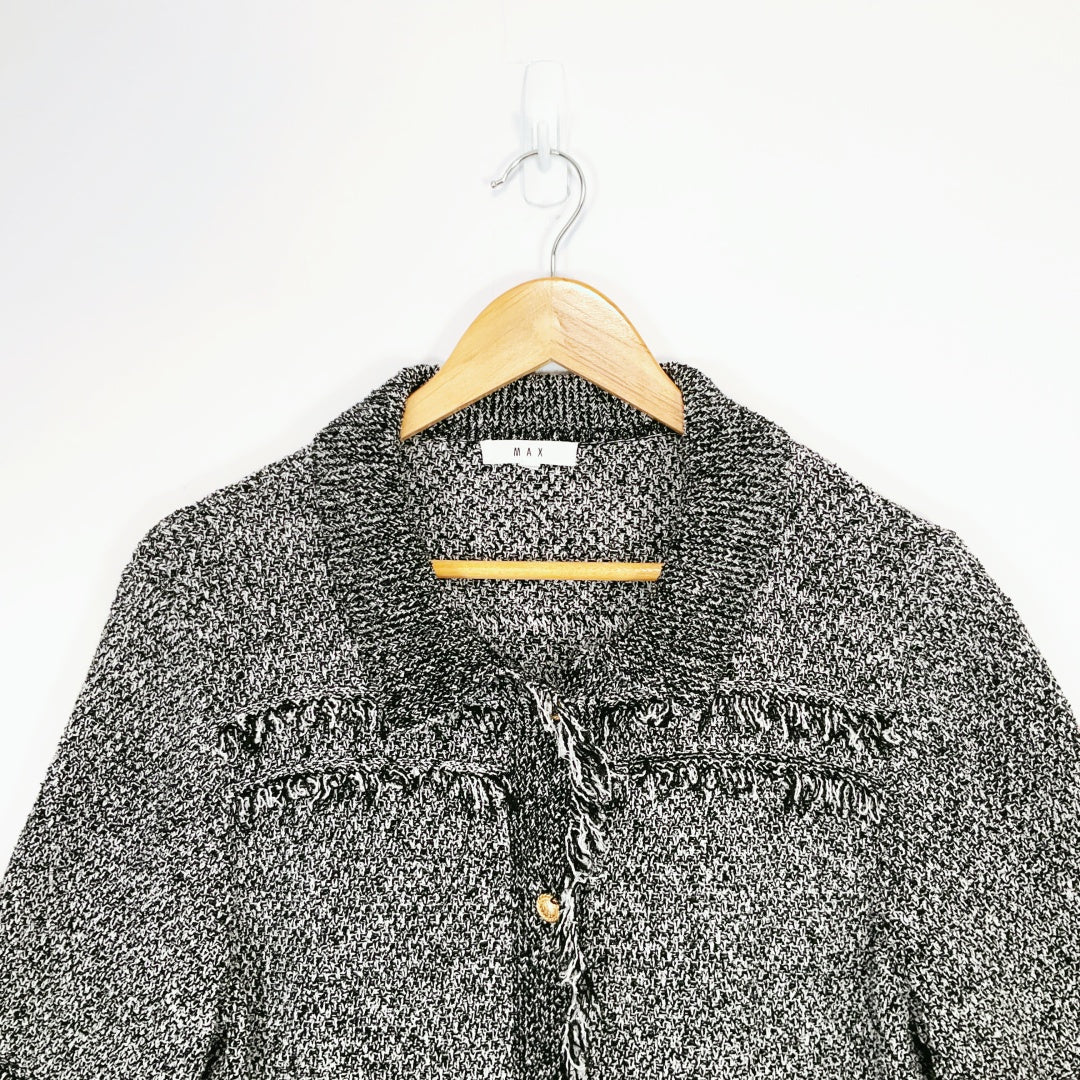 MAX - Black & White Tweed Fringe Button-Up Jacket