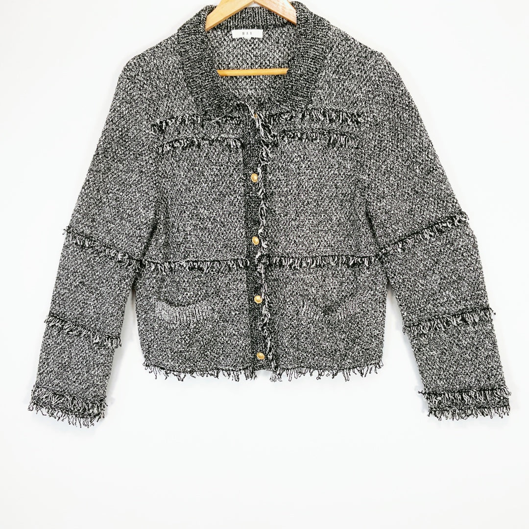 MAX - Black & White Tweed Fringe Button-Up Jacket