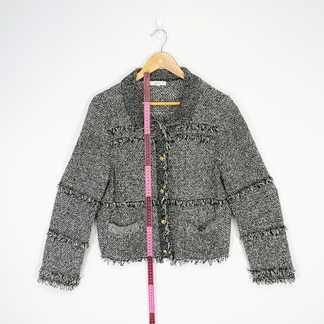 MAX - Black & White Tweed Fringe Button-Up Jacket