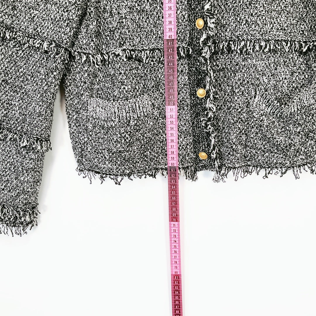 MAX - Black & White Tweed Fringe Button-Up Jacket