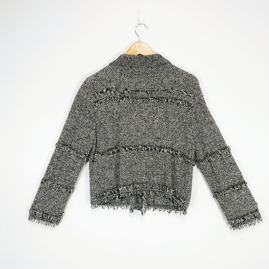 MAX - Black & White Tweed Fringe Button-Up Jacket