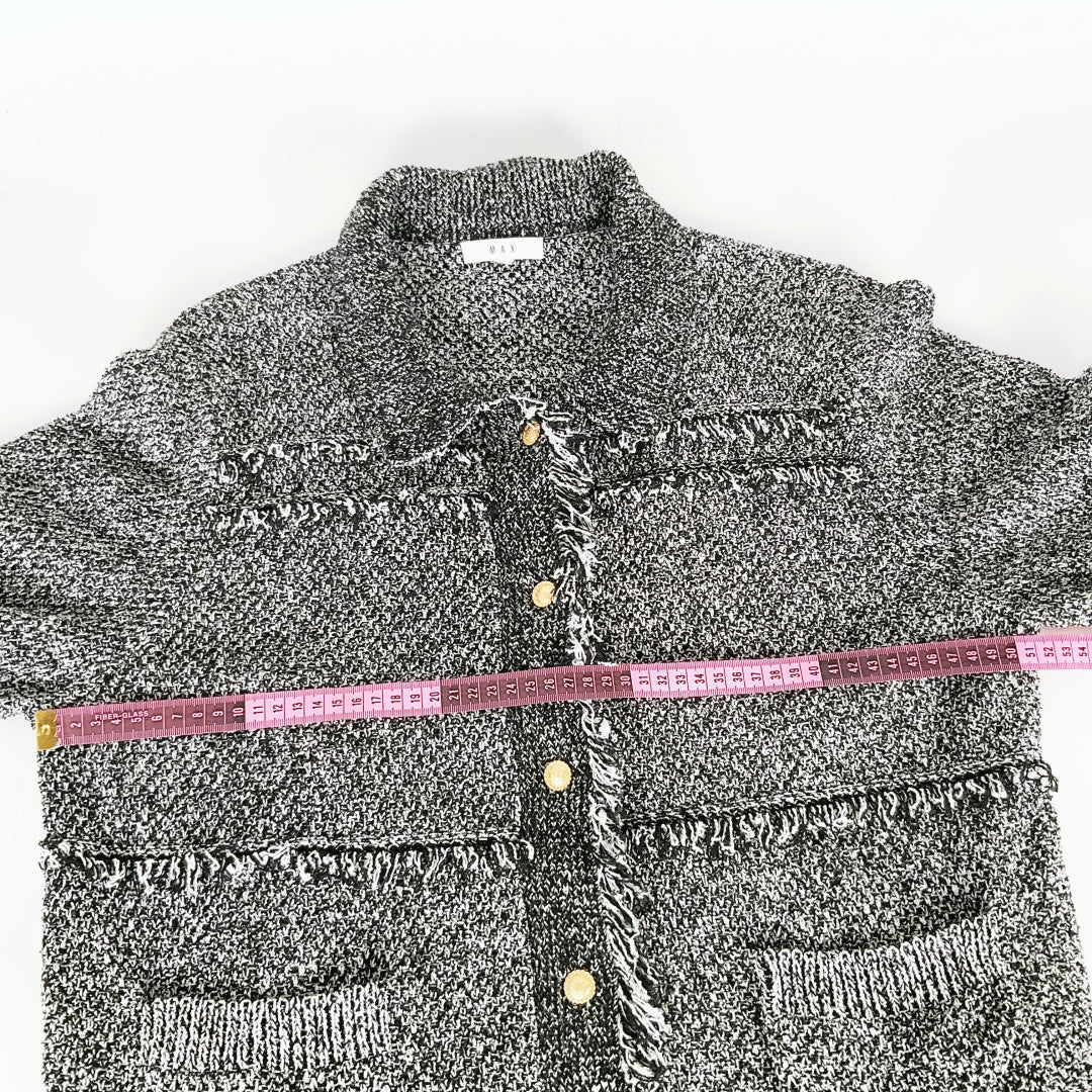 MAX - Black & White Tweed Fringe Button-Up Jacket