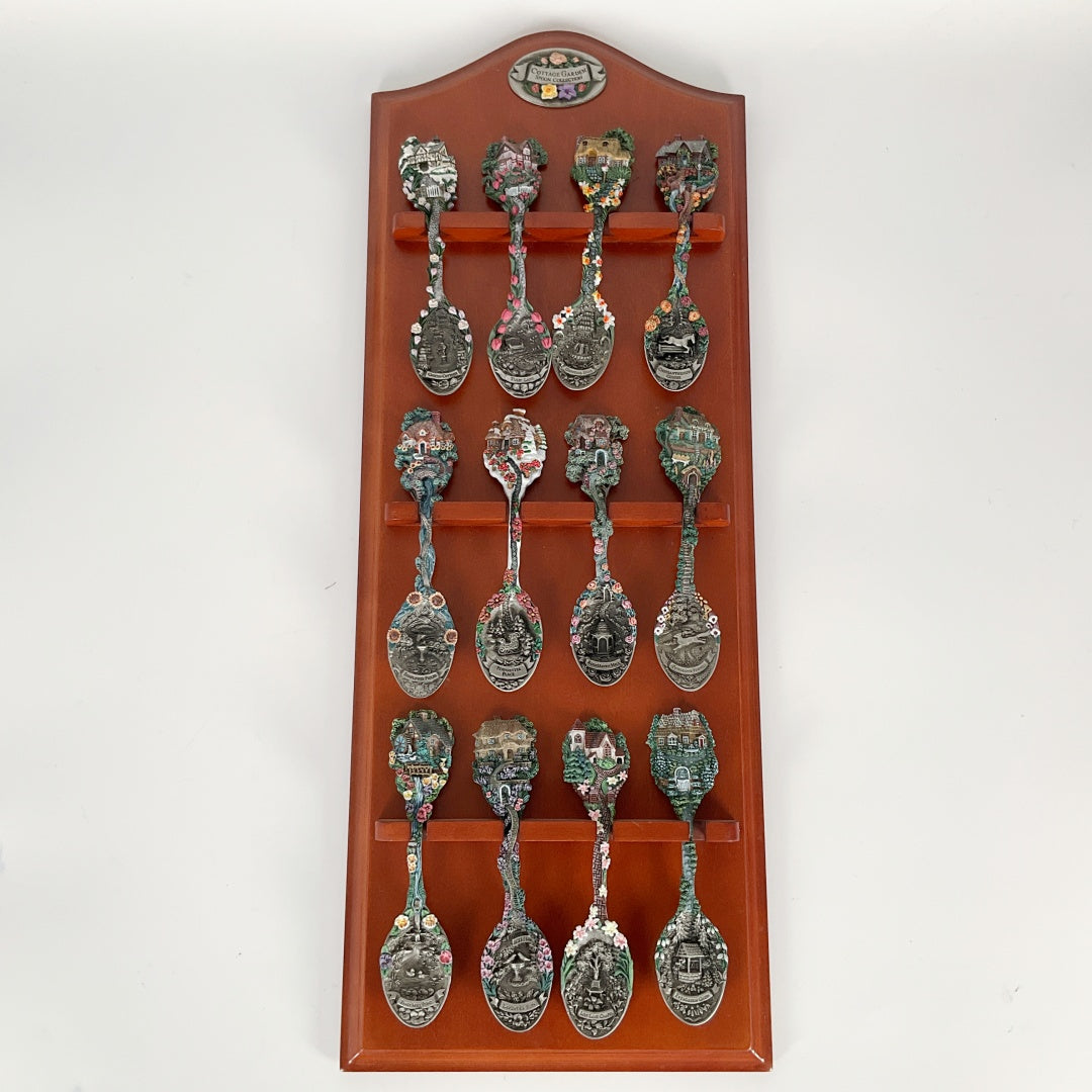Cottage Garden Calendar Spoon Collection - Complete 12 Calendar Spoon Set with Wooden Wall Rack
