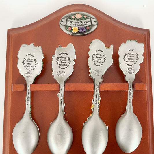 Cottage Garden Calendar Spoon Collection - Complete 12 Calendar Spoon Set with Wooden Wall Rack