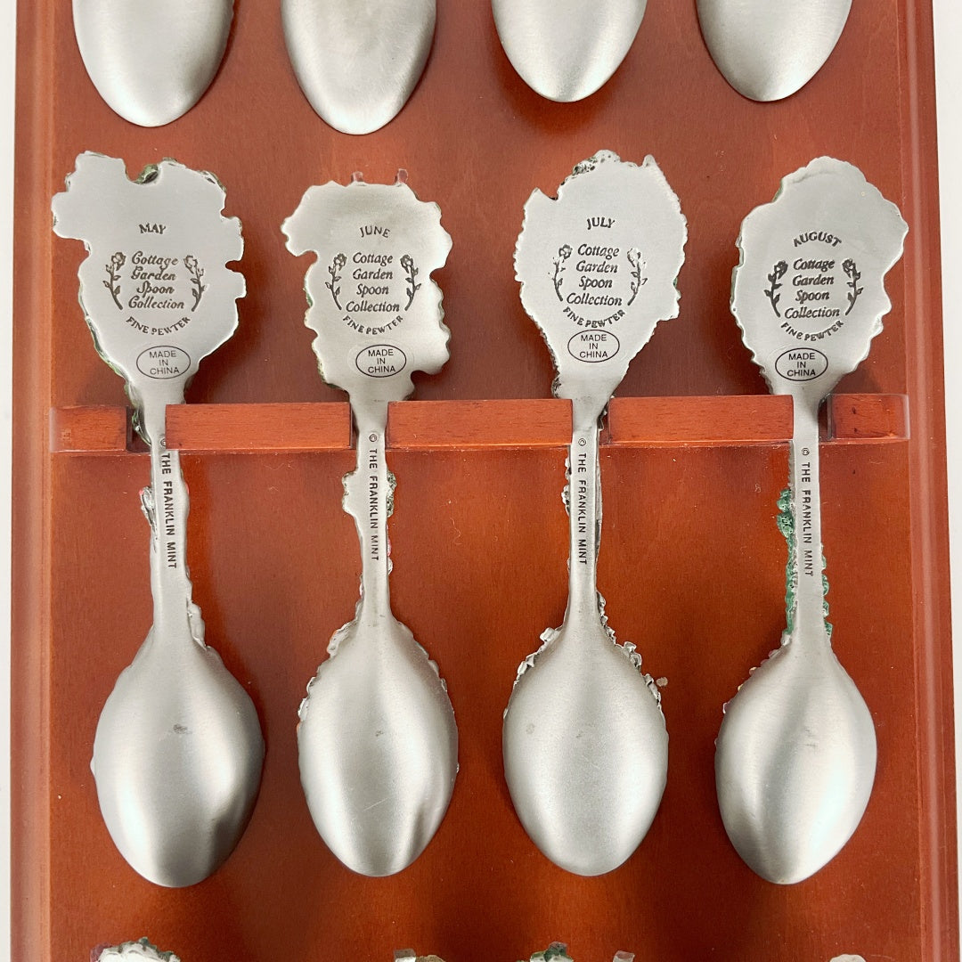Cottage Garden Calendar Spoon Collection - Complete 12 Calendar Spoon Set with Wooden Wall Rack