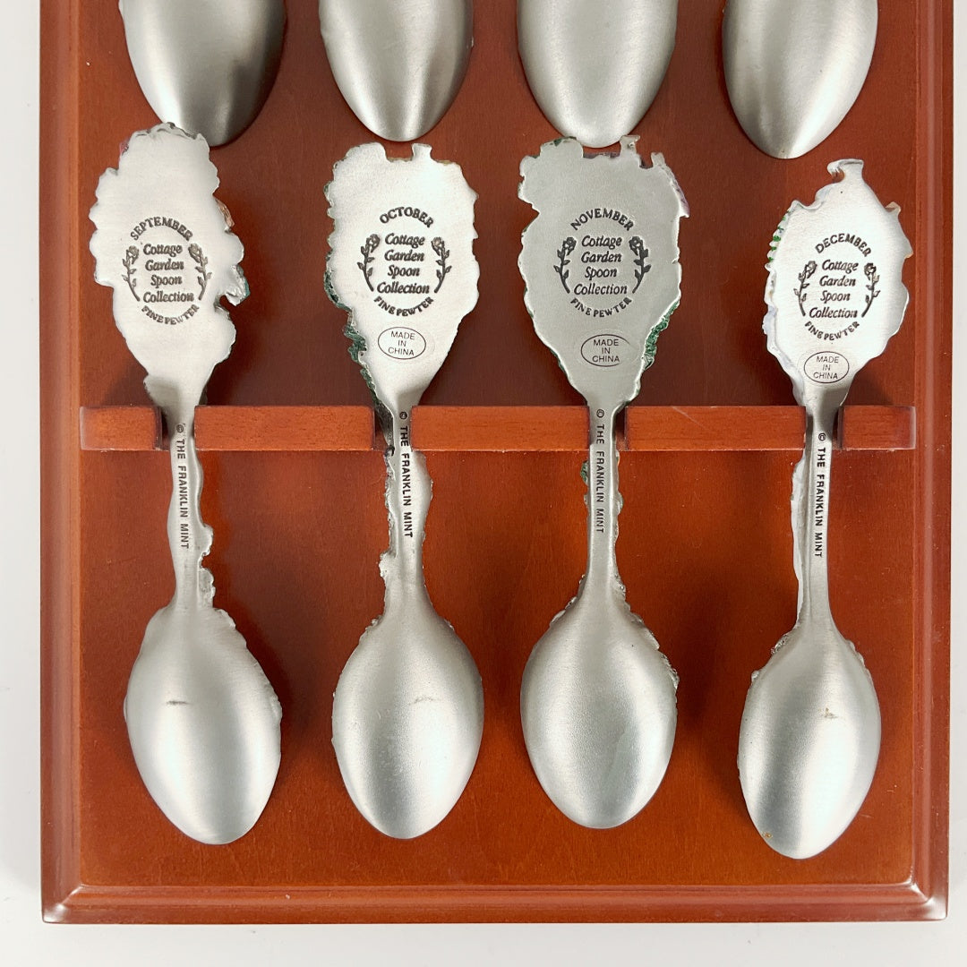 Cottage Garden Calendar Spoon Collection - Complete 12 Calendar Spoon Set with Wooden Wall Rack