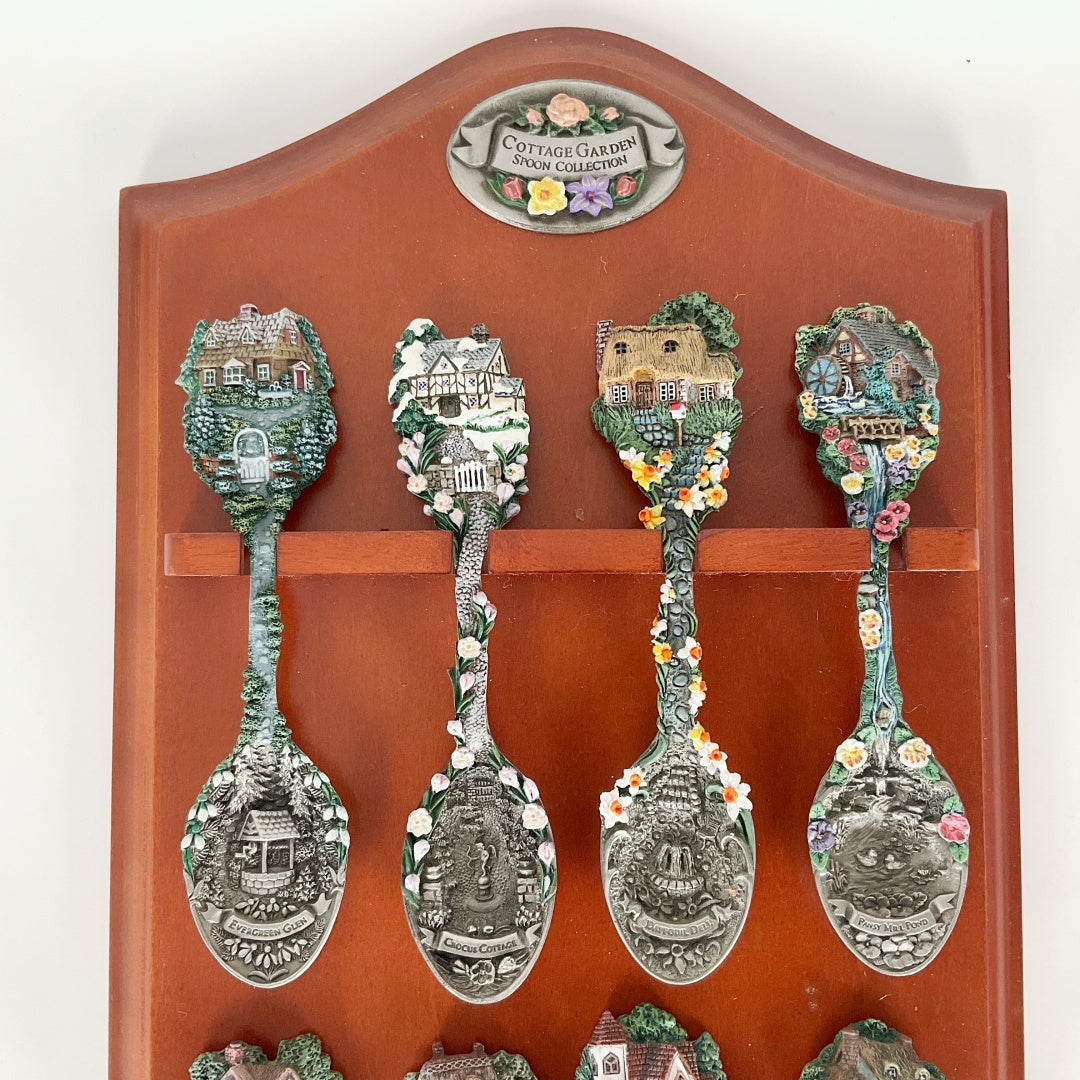 Cottage Garden Calendar Spoon Collection - Complete 12 Calendar Spoon Set with Wooden Wall Rack