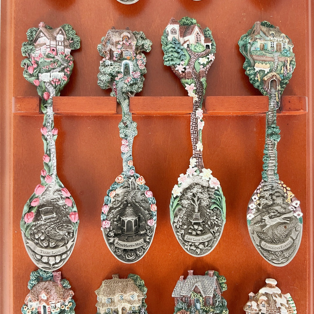 Cottage Garden Calendar Spoon Collection - Complete 12 Calendar Spoon Set with Wooden Wall Rack