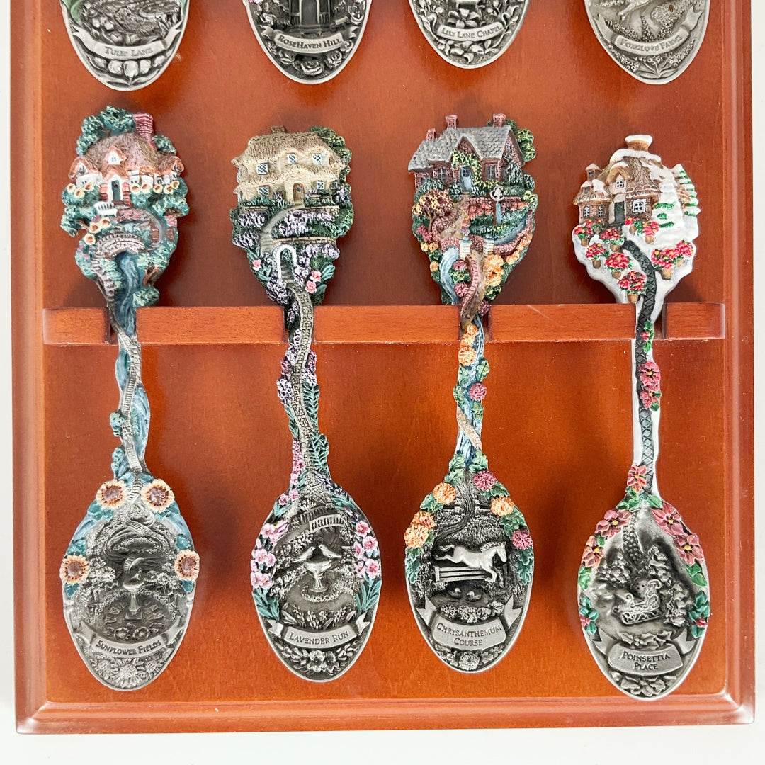 Cottage Garden Calendar Spoon Collection - Complete 12 Calendar Spoon Set with Wooden Wall Rack