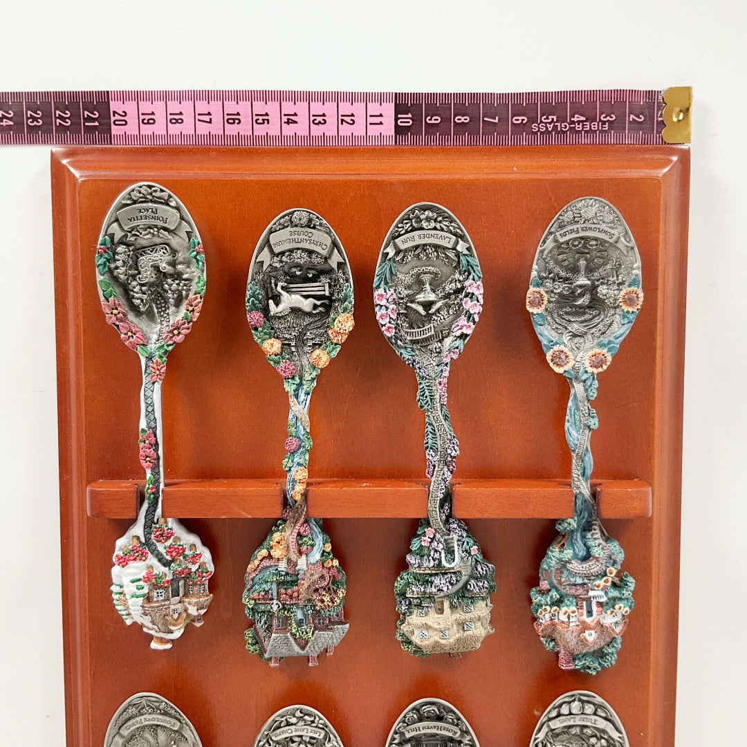 Cottage Garden Calendar Spoon Collection - Complete 12 Calendar Spoon Set with Wooden Wall Rack