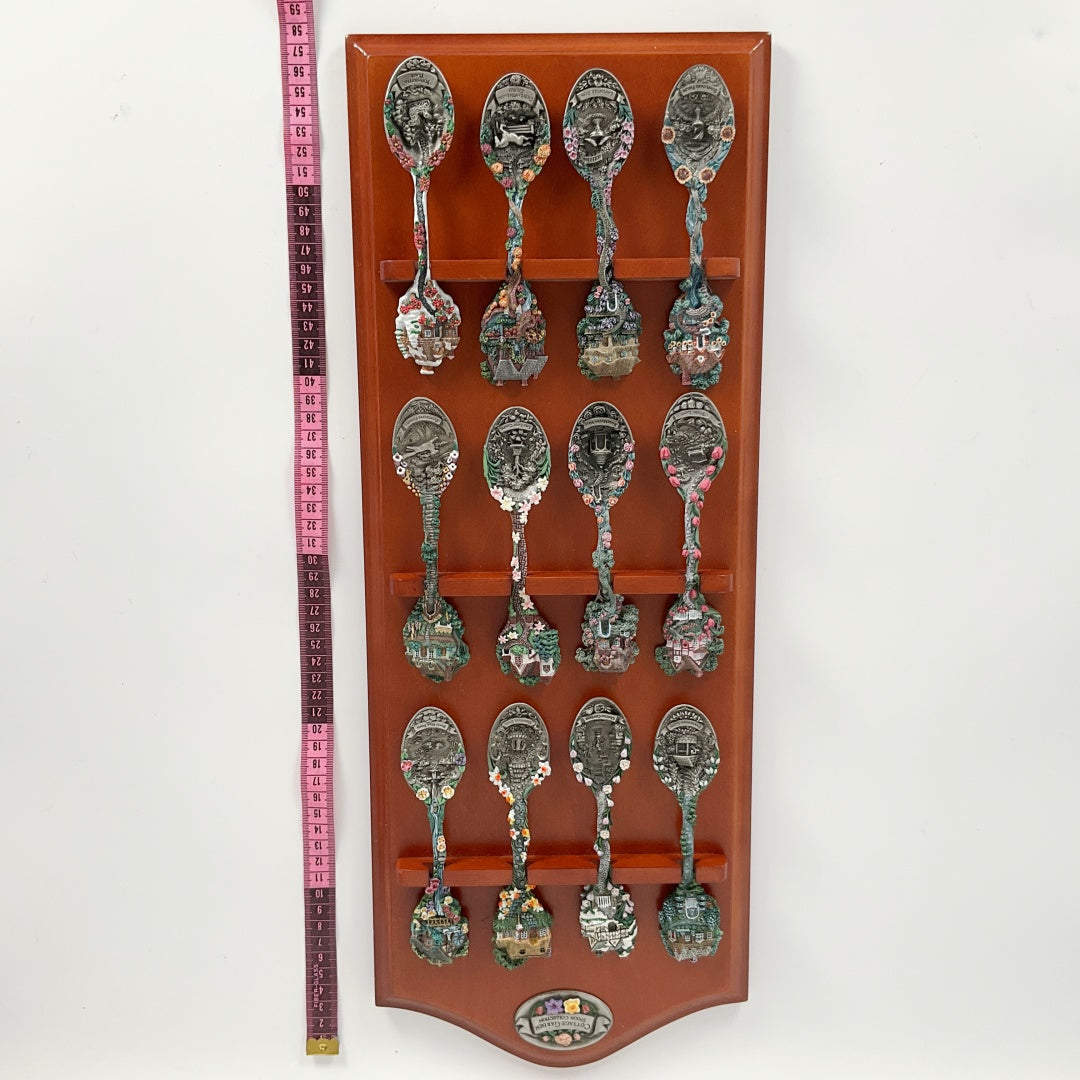 Cottage Garden Calendar Spoon Collection - Complete 12 Calendar Spoon Set with Wooden Wall Rack