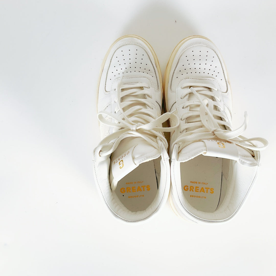 GREATS Brooklyn White Sneakers – US Men's Size 9 – PU Leather & Suede