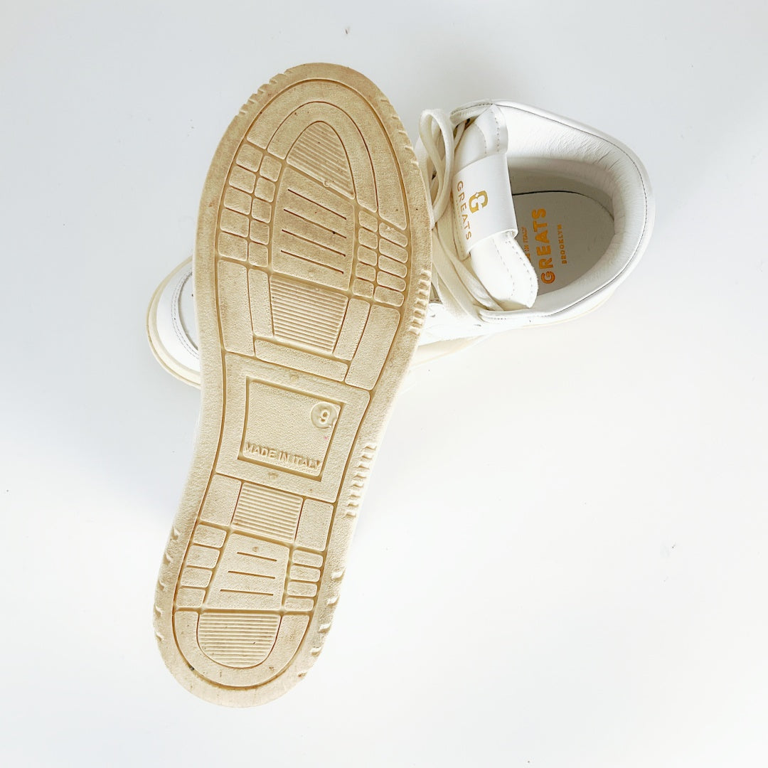 GREATS Brooklyn White Sneakers – US Men's Size 9 – PU Leather & Suede
