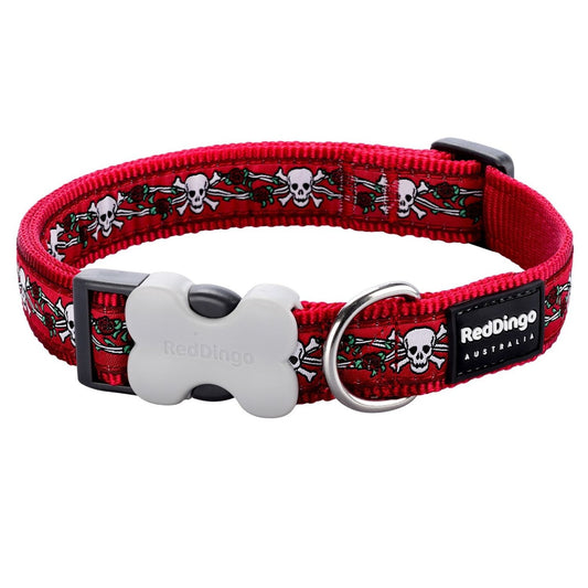 Red Dingo Dog Collar Skulls & Roses Medium