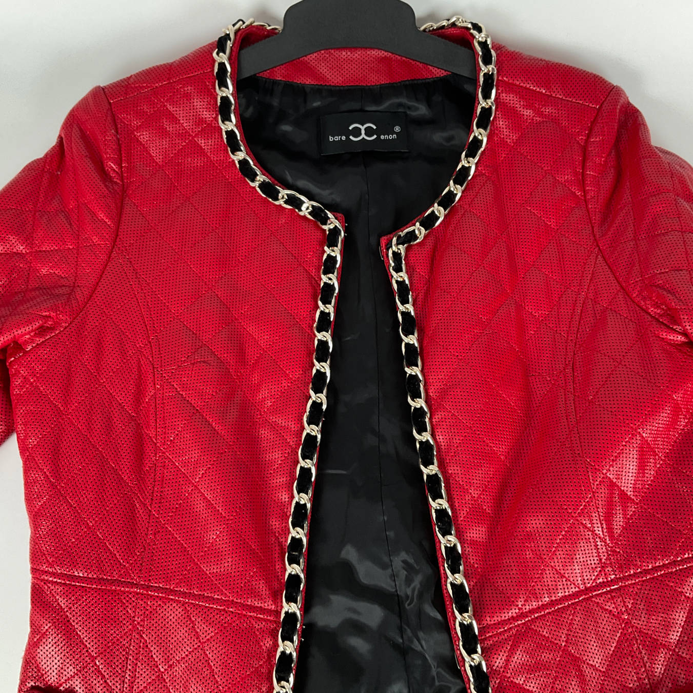 BARE ENON - Red Leather Coat with Chain Detail