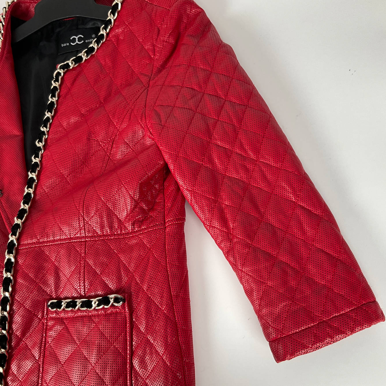 BARE ENON - Red Leather Coat with Chain Detail