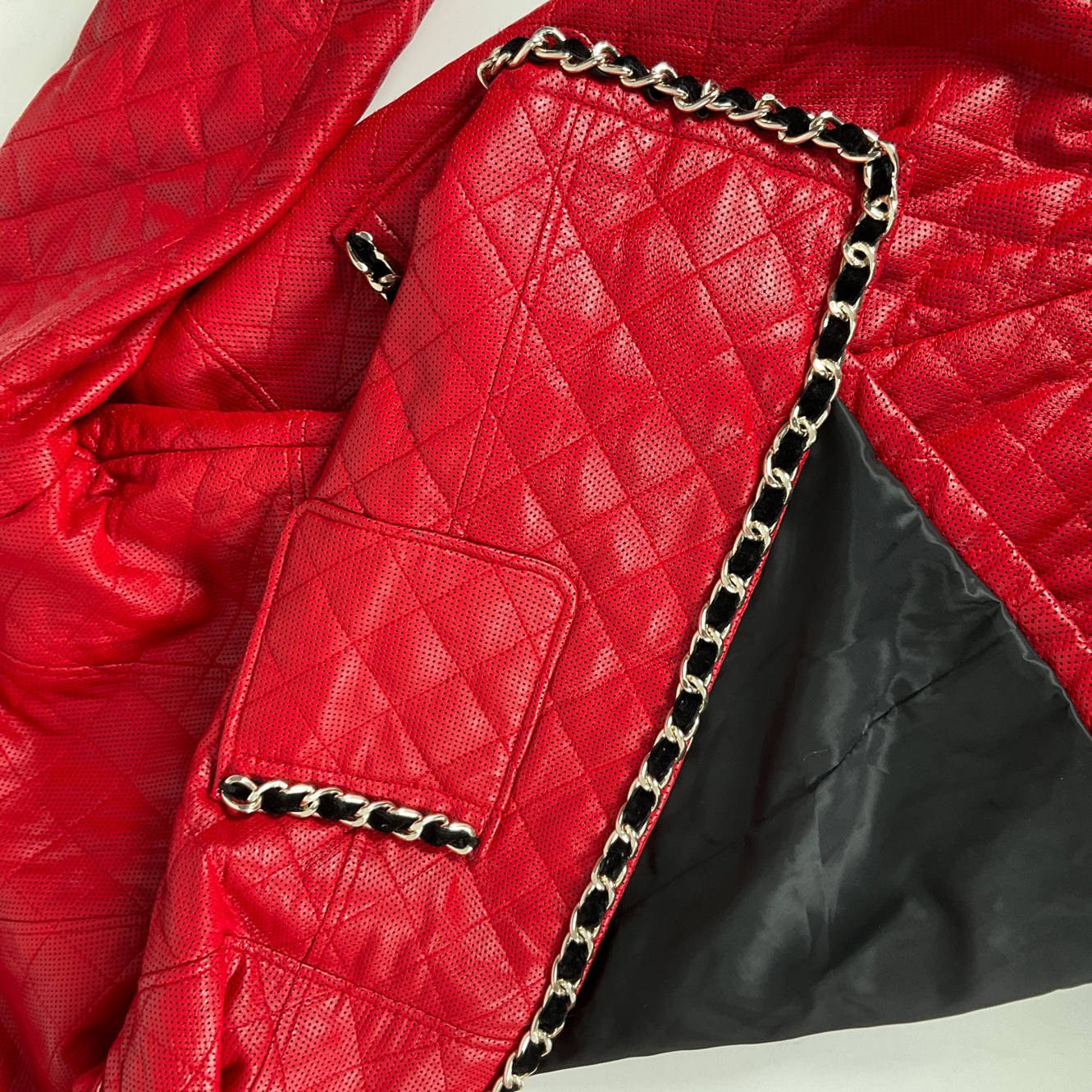 BARE ENON - Red Leather Coat with Chain Detail