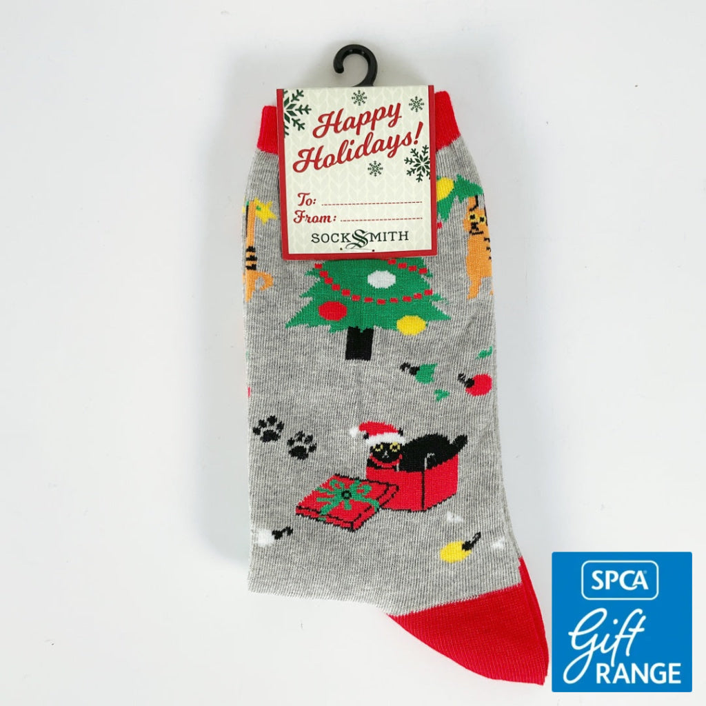 Sock Smith - Kitty Christmas Chaos - Light Gray Heath