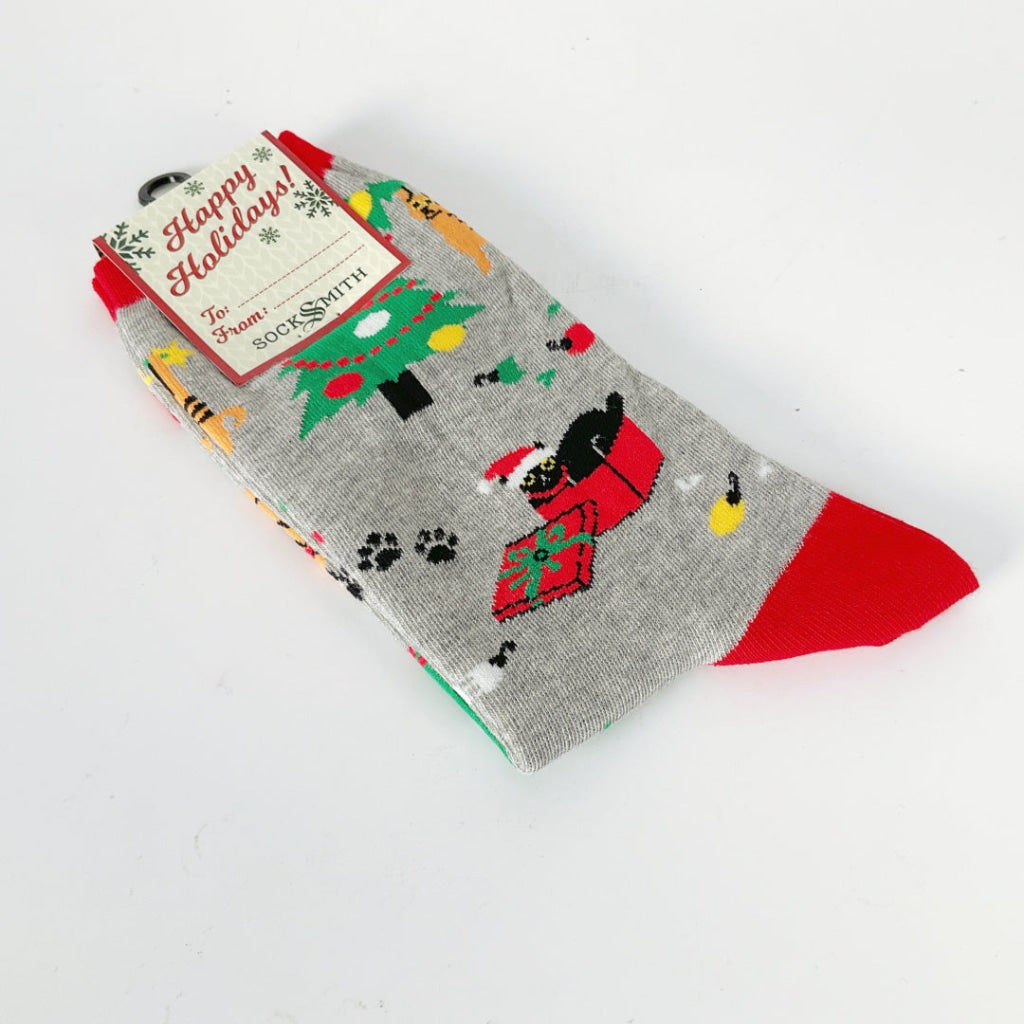 Sock Smith - Kitty Christmas Chaos - Light Gray Heath