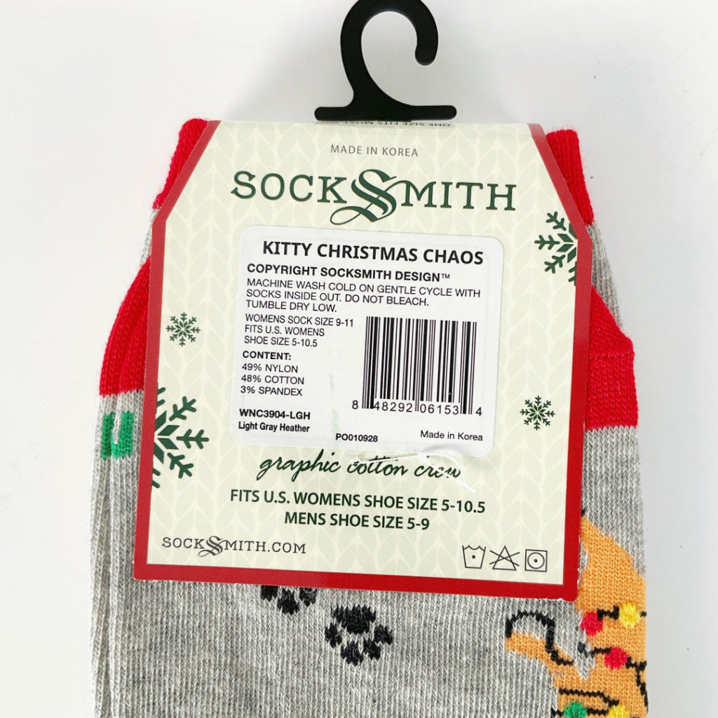 Sock Smith - Kitty Christmas Chaos - Light Gray Heath
