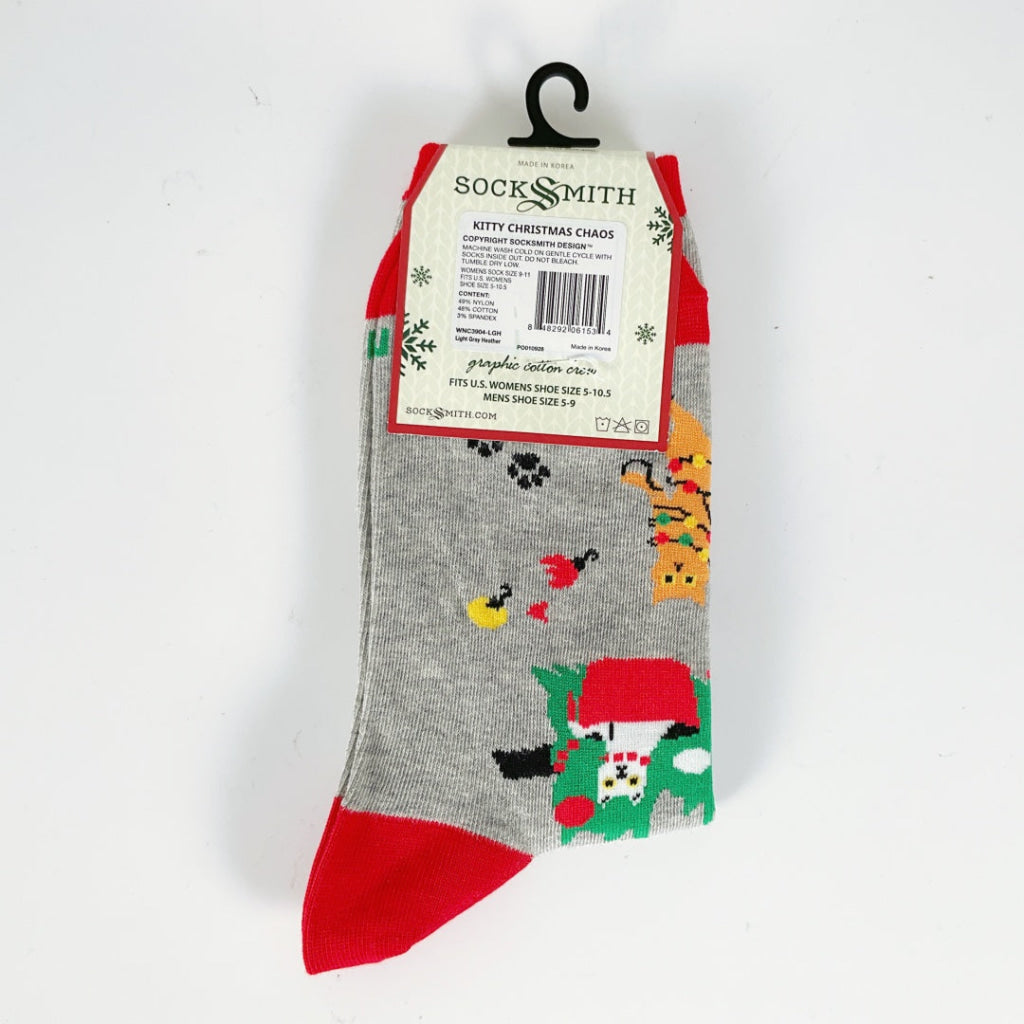 Sock Smith - Kitty Christmas Chaos - Light Gray Heath
