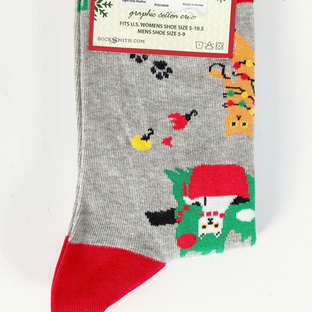 Sock Smith - Kitty Christmas Chaos - Light Gray Heath