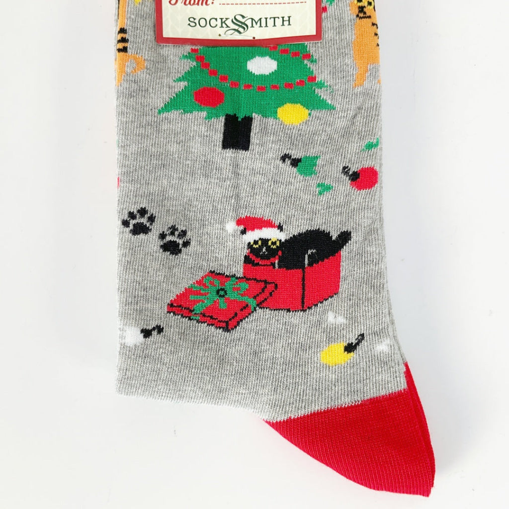 Sock Smith - Kitty Christmas Chaos - Light Gray Heath