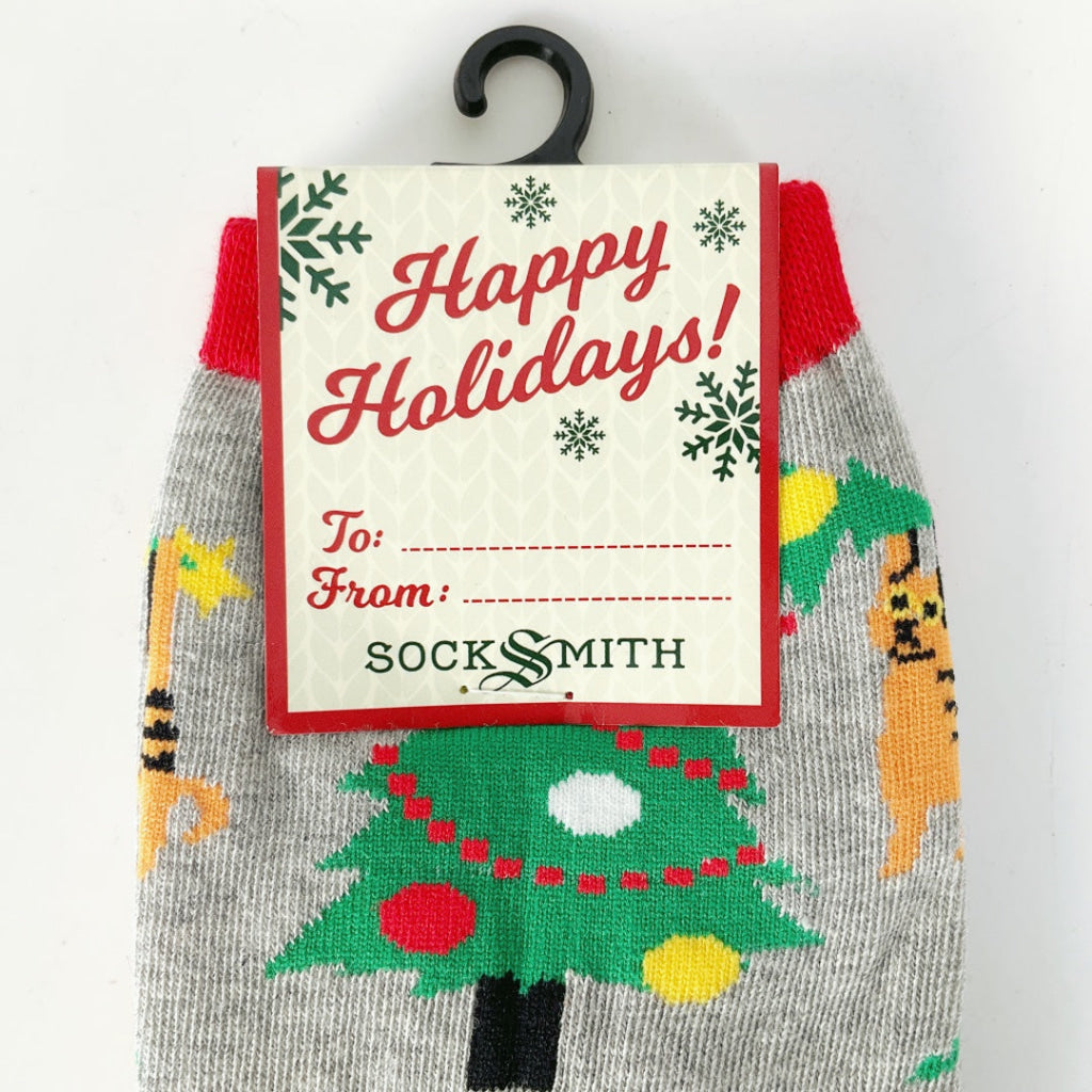 Sock Smith - Kitty Christmas Chaos - Light Gray Heath