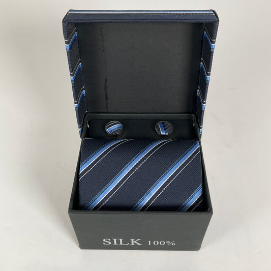 100% Silk Blue Stripe Tie Set Cufflinks