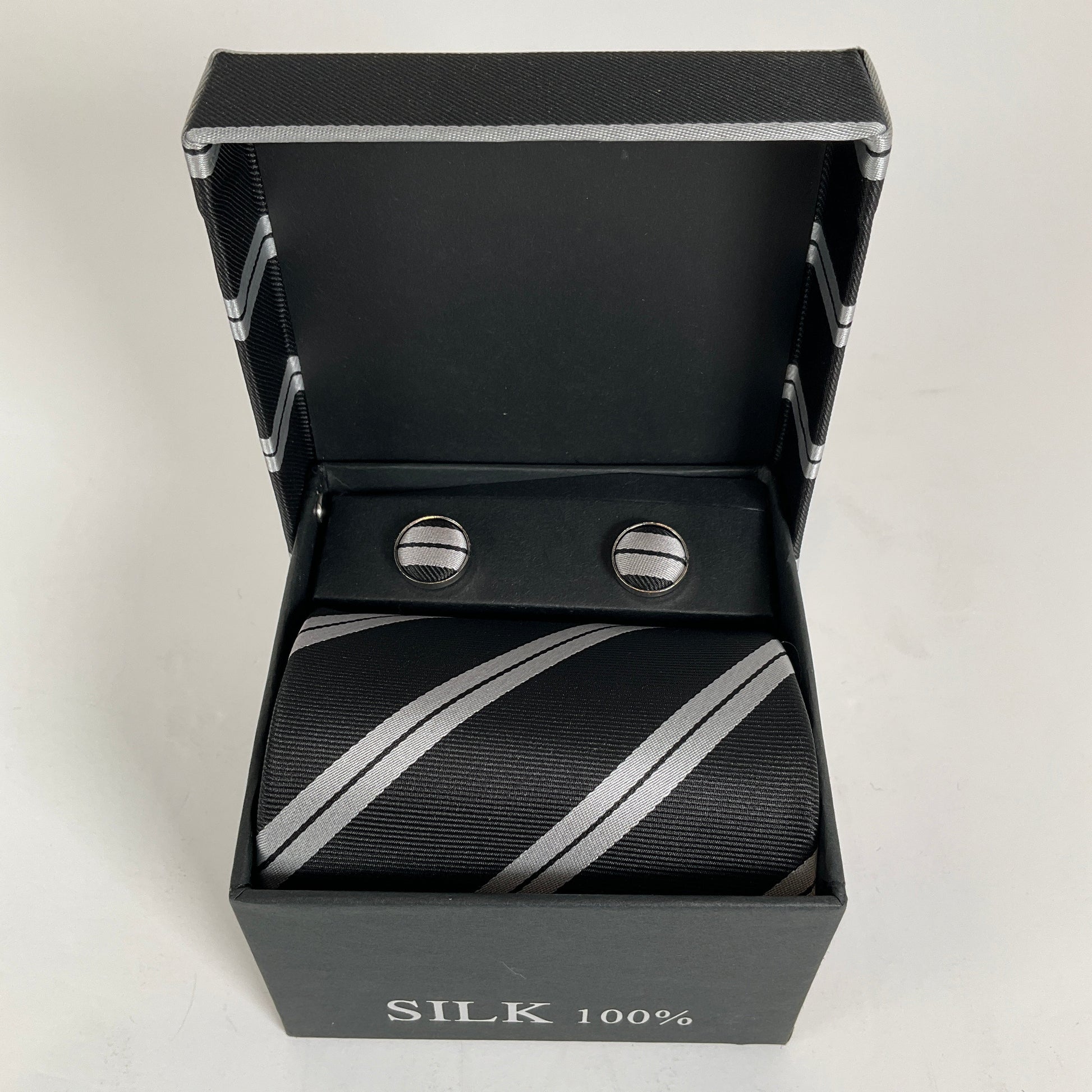 100% Silk Grey Stripe Tie Set Cufflinks