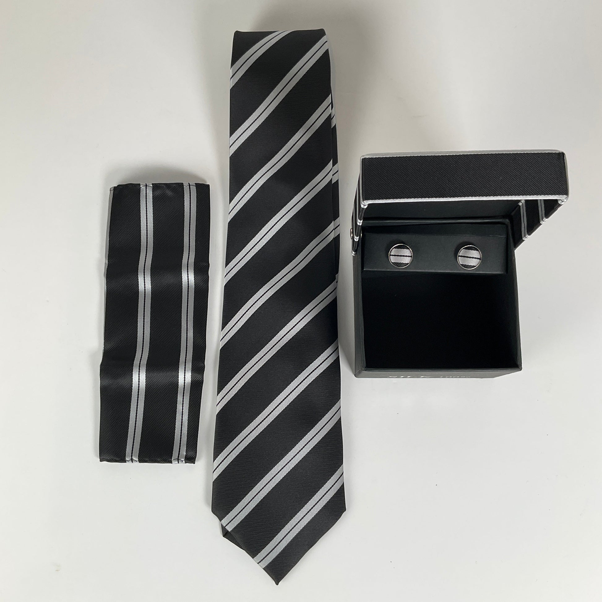 100% Silk Grey Stripe Tie Set Cufflinks